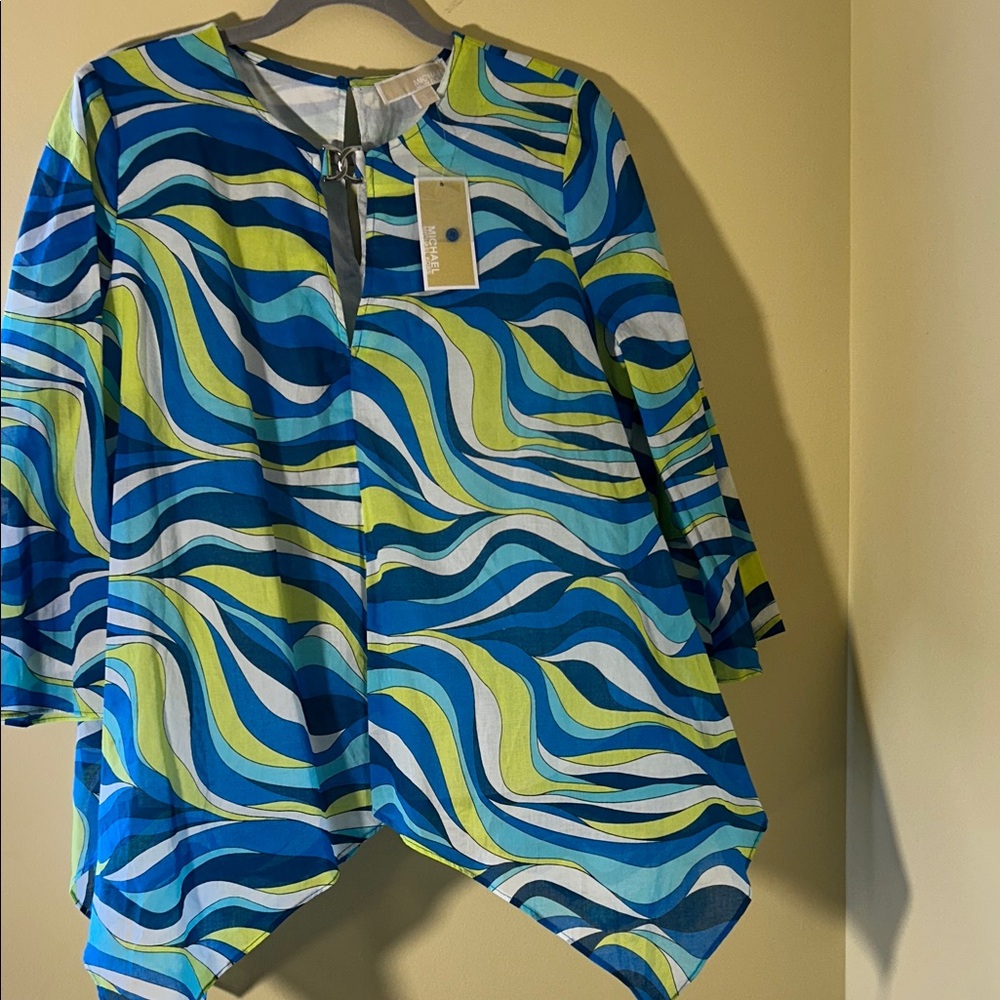Michael Kors Blue Green Wave-Print Bell Sleeve Blouse